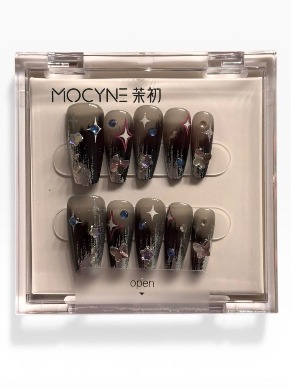 Black and Gray Ombre Press-On Nail Set with Star & Butterfly Rhinestone Accents